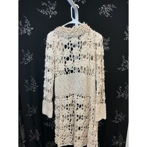 Handmade Floral Crochet Duster Cardigan Cream Multi Longline Open Knit Sweater